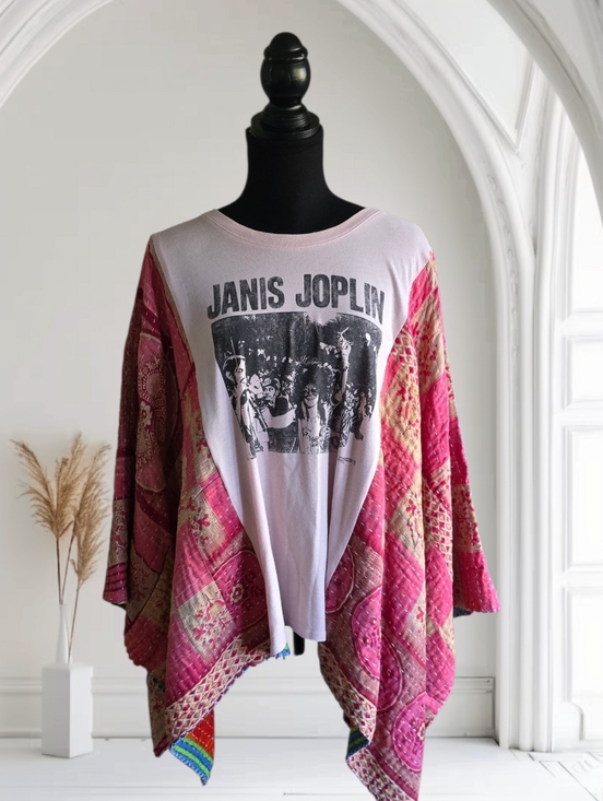 Upcycled Janis Joplin Band Tee With Kantha Sleeves, OS - Picture 2 of 5